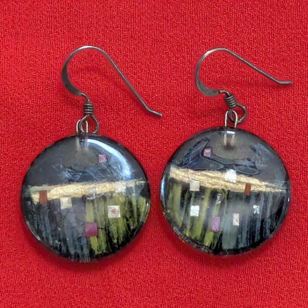 Handmade Artisan Glass Round Drop Earrings Abstract Earthy Pattern Craft Show
